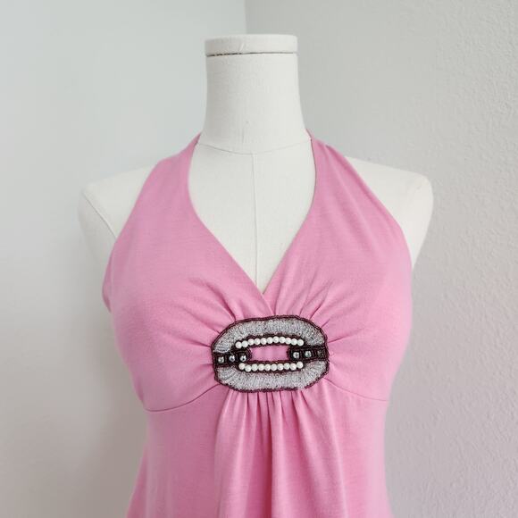 Y2K No Boundaries Pink Halter Top Beaded Rhinestone Front Detail Tank S - Picture 2 of 10